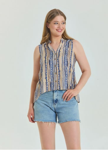 Shirt Collar Asymmetric Cut Beige Ethnic Blouse 4562